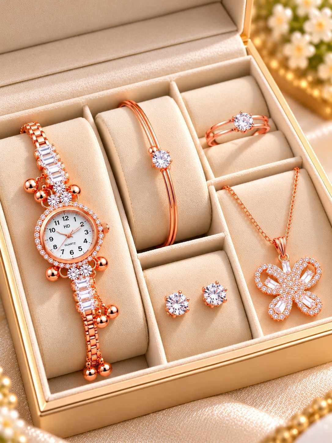 Rose gold-tone 5-piece set: bracelet watch with white dial, butterfly pendant necklace, round stud earrings, double band ring and bracelet