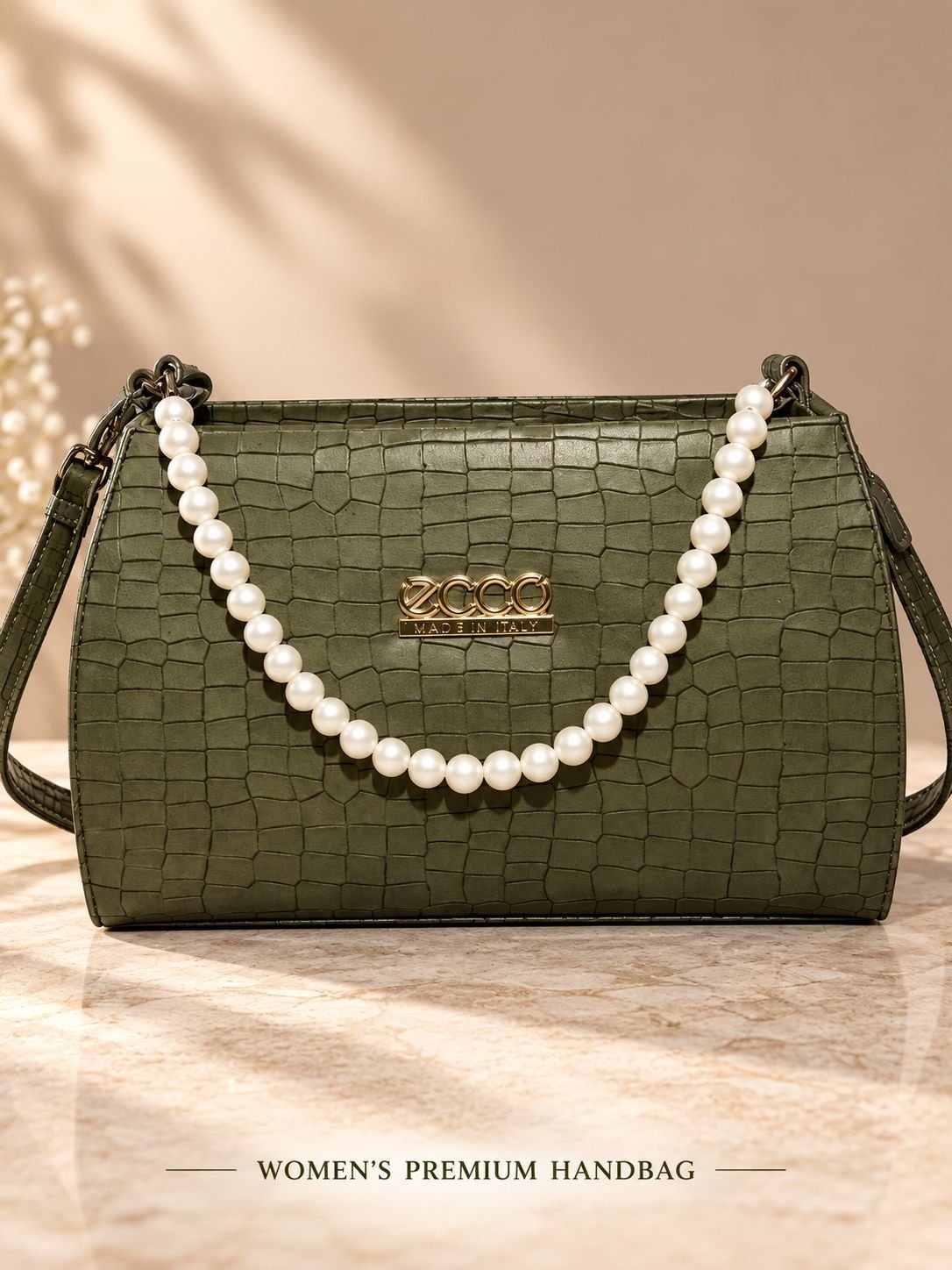 Women's olive green croc-embossed shoulder bag with pearl-bead top handle, metal front plate and long strap