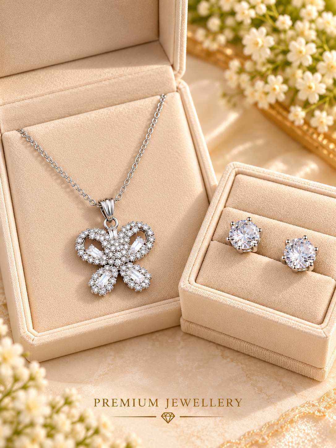 Butterfly pendant necklace with clear stones and a pair of round stud earrings, 2-piece combo set for women in silver-tone