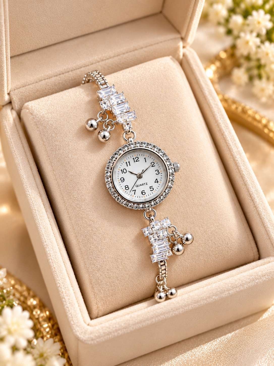 Silver-tone bracelet watch for women with white numbered dial, stone-set bezel, stone-set strap and dangling ball charms