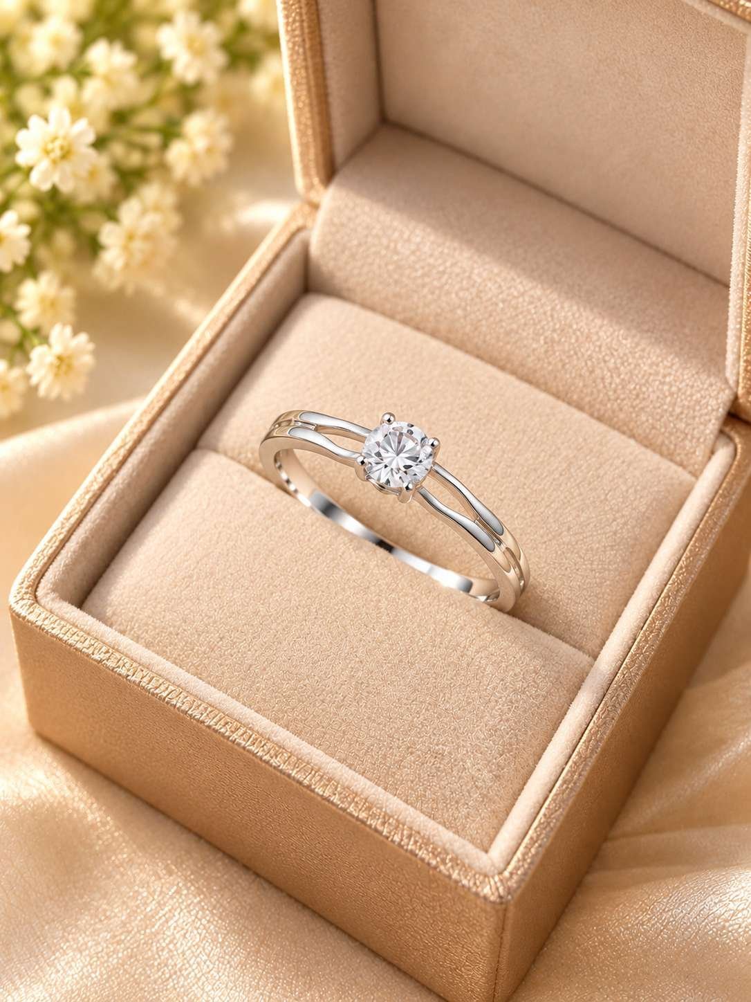 Silver-tone double band ring for women with a round clear crystal in a four-prong solitaire setting, worn on the finger