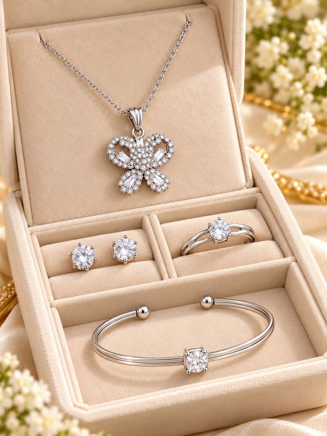 Silver-tone 4-piece jewellery set: butterfly pendant necklace, round stud earrings, double band ring and open cuff bracelet