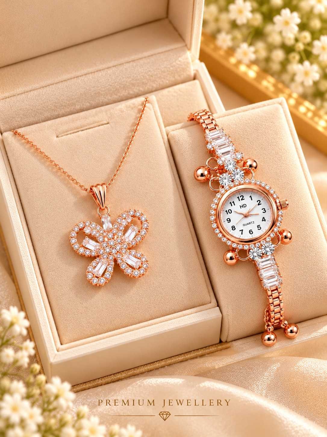 Rose gold-tone bracelet watch with white dial and stone-set bezel next to a butterfly pendant necklace, 2-piece combo for women