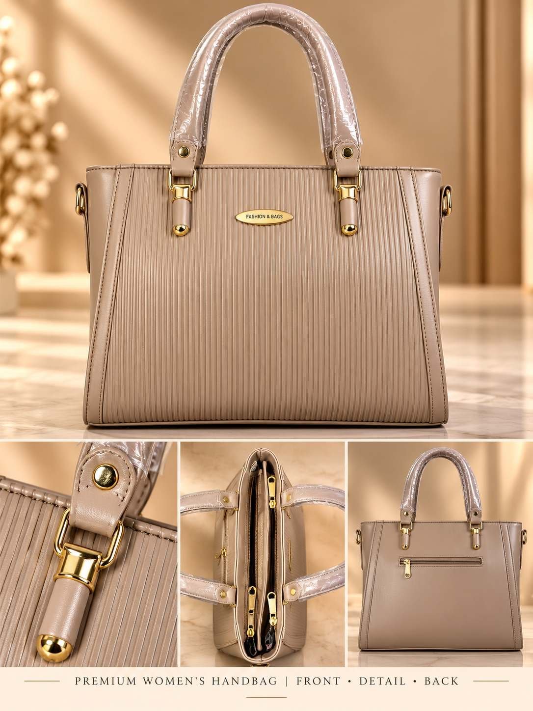 Women's taupe beige ribbed handbag with dual top handles, gold-tone fittings and an oval front nameplate — image 3