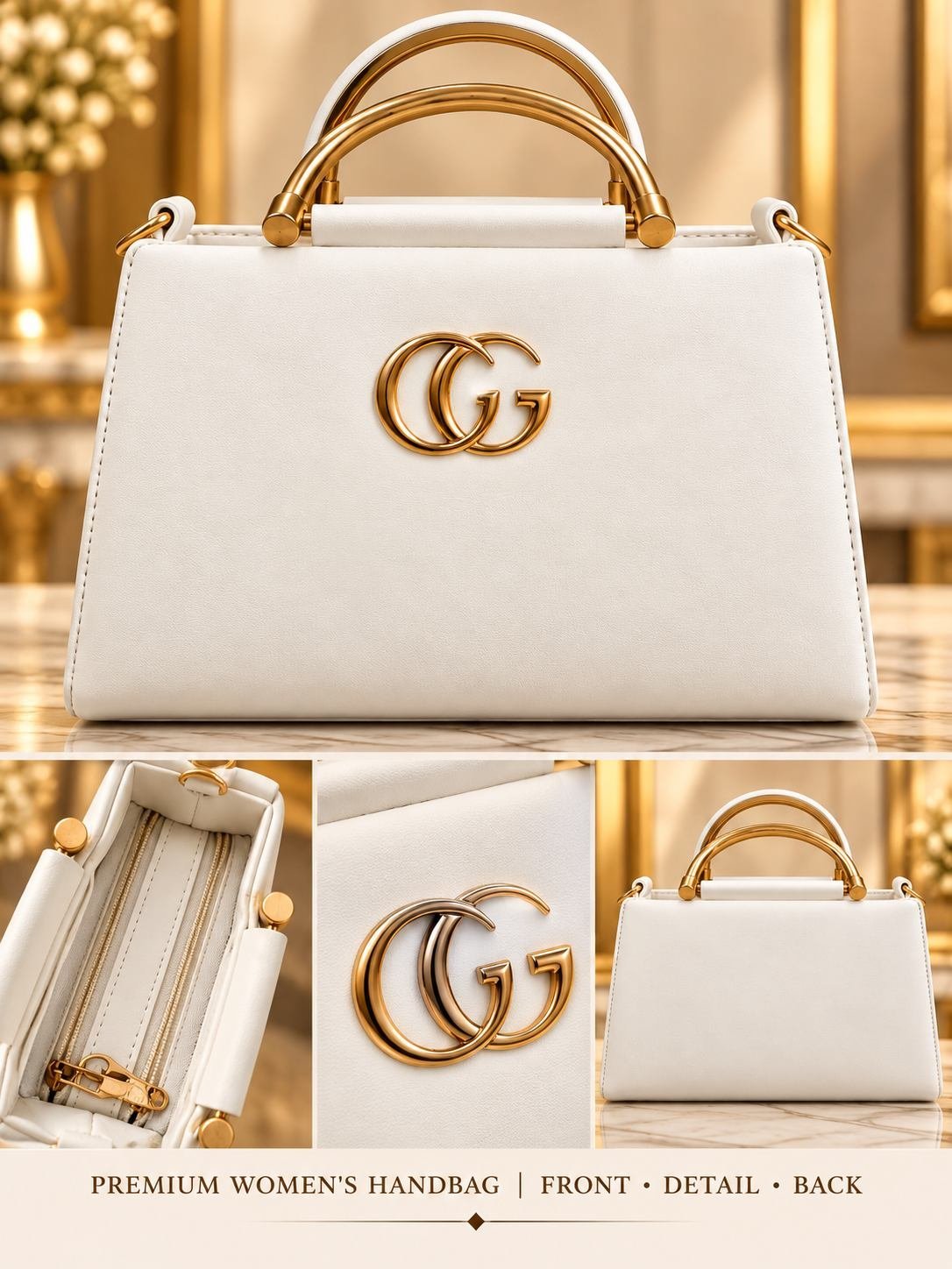 Women's white structured handbag with two rigid gold-tone metal arch handles, side rings and a gold-tone front emblem — image 4