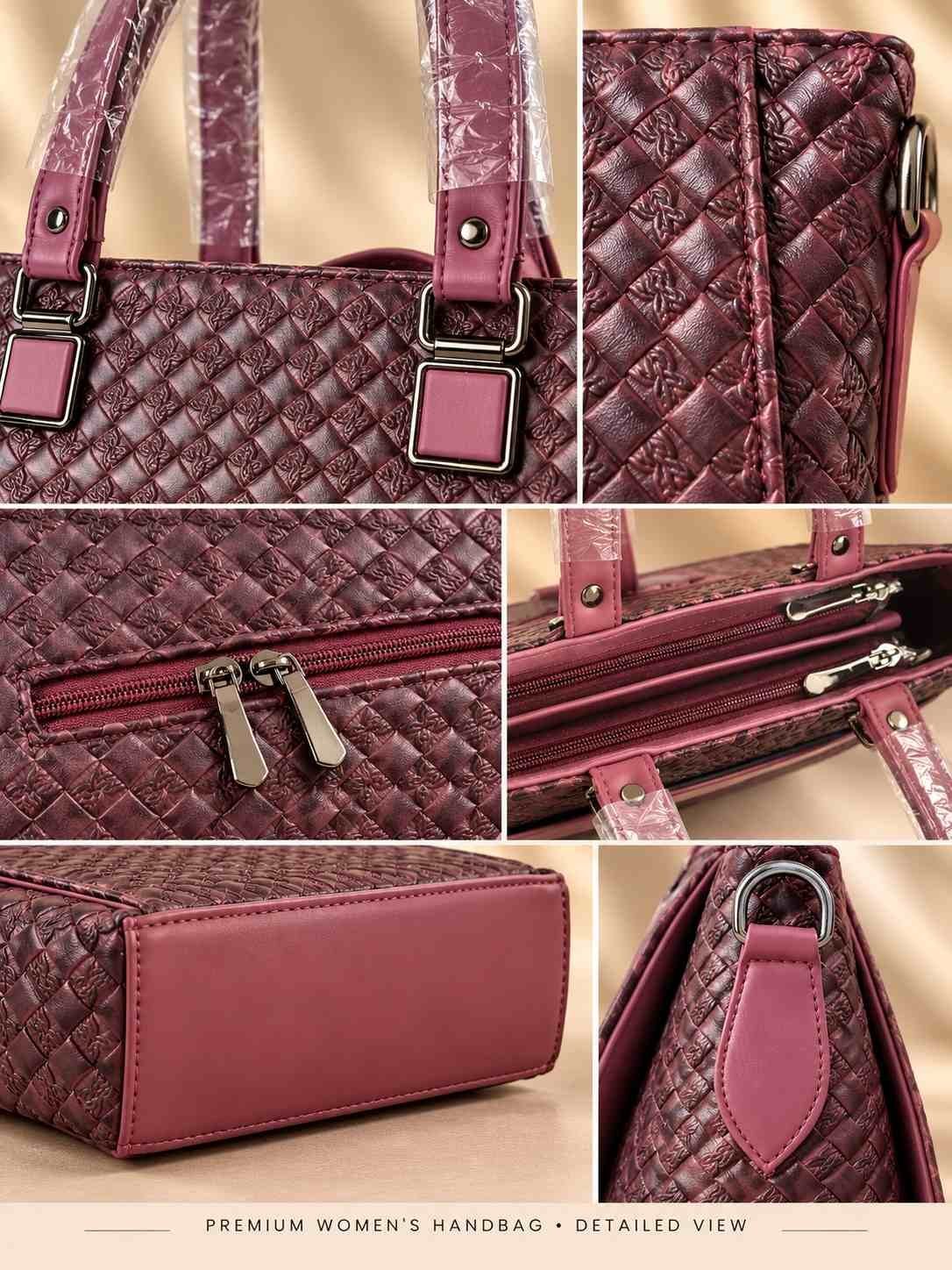 Women's burgundy woven-texture handbag with glossy finish, two top handles and square gunmetal fittings — image 3