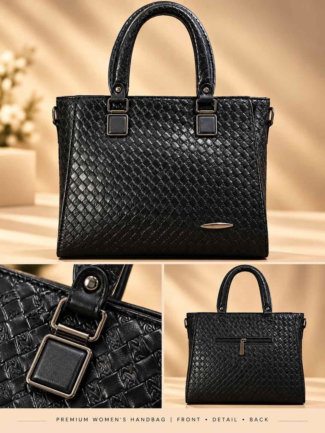 Women's black woven-texture handbag with glossy finish, two rounded top handles and square gunmetal fittings — image 3