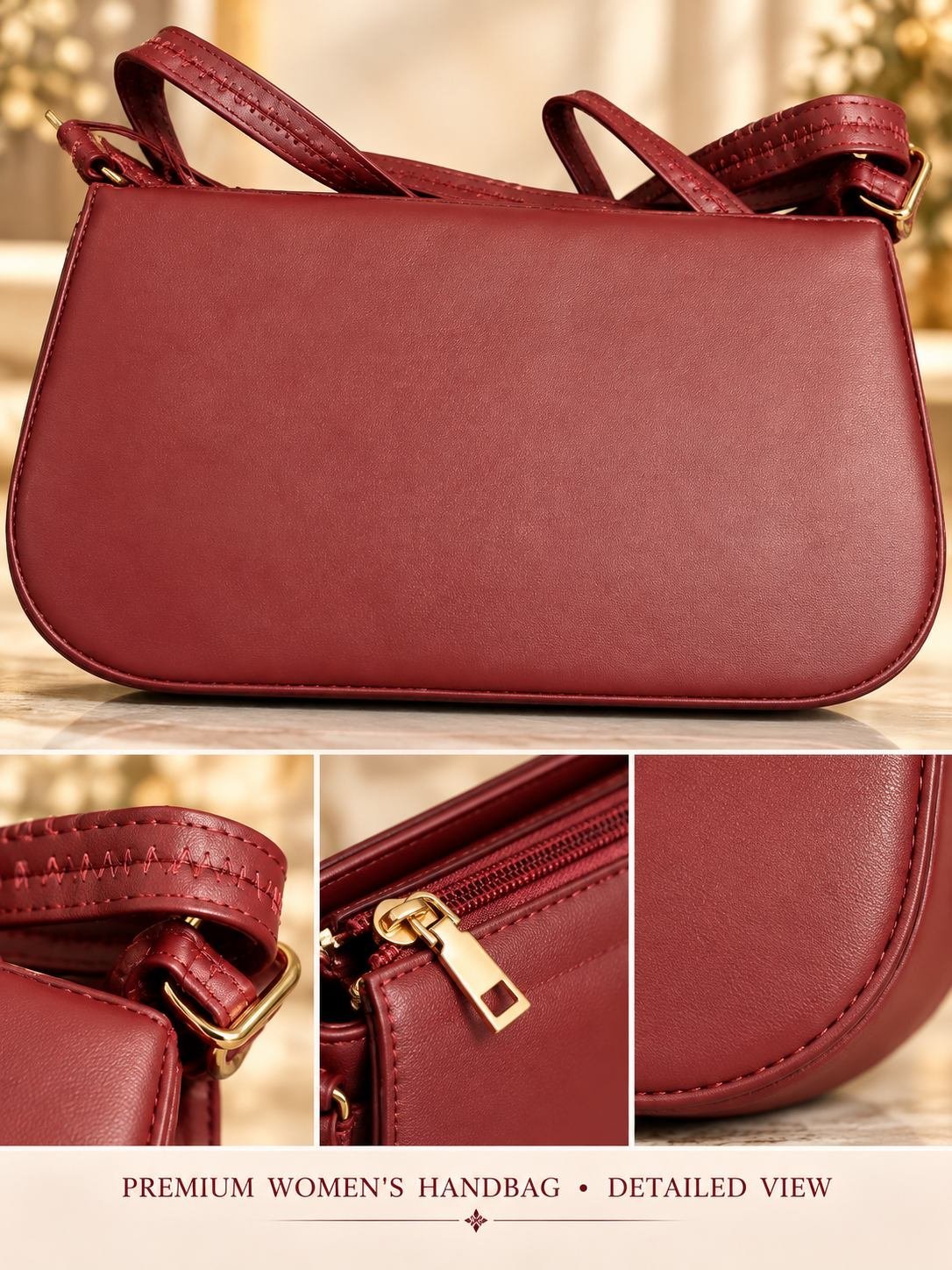Women's maroon embossed shoulder bag with gold-tone script emblem, gold-tone top zip and adjustable buckle strap — image 2