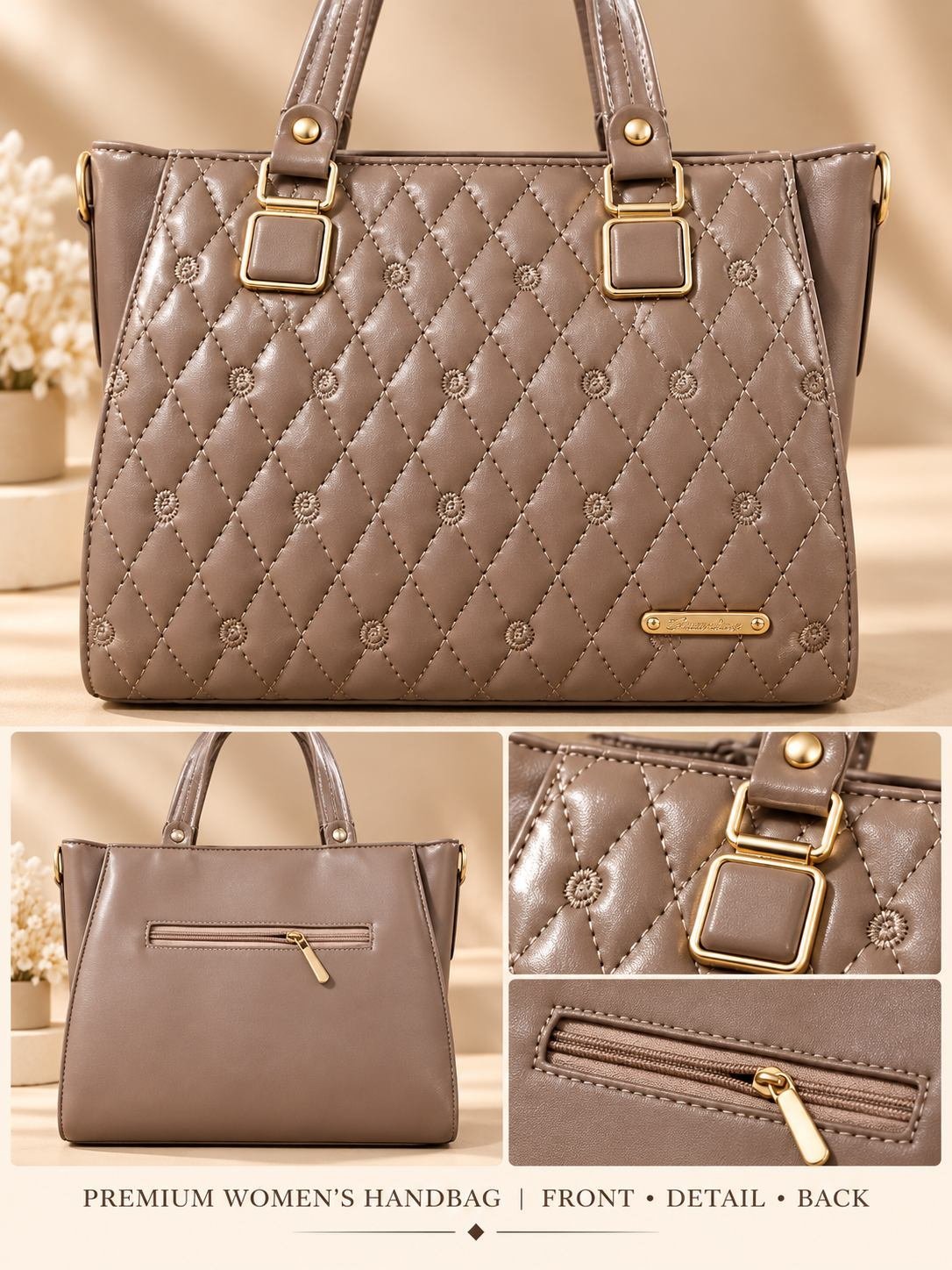 Women's taupe diamond-quilted handbag with embroidered floral motifs, gold-tone plaque and buckle top handles — image 4