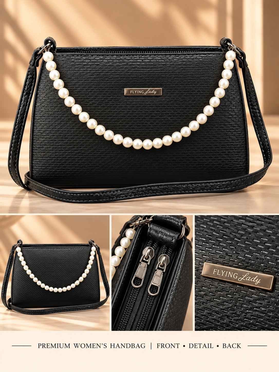 Women's black woven-texture shoulder bag with a pearl-bead top handle, metallic nameplate and long black strap — image 3