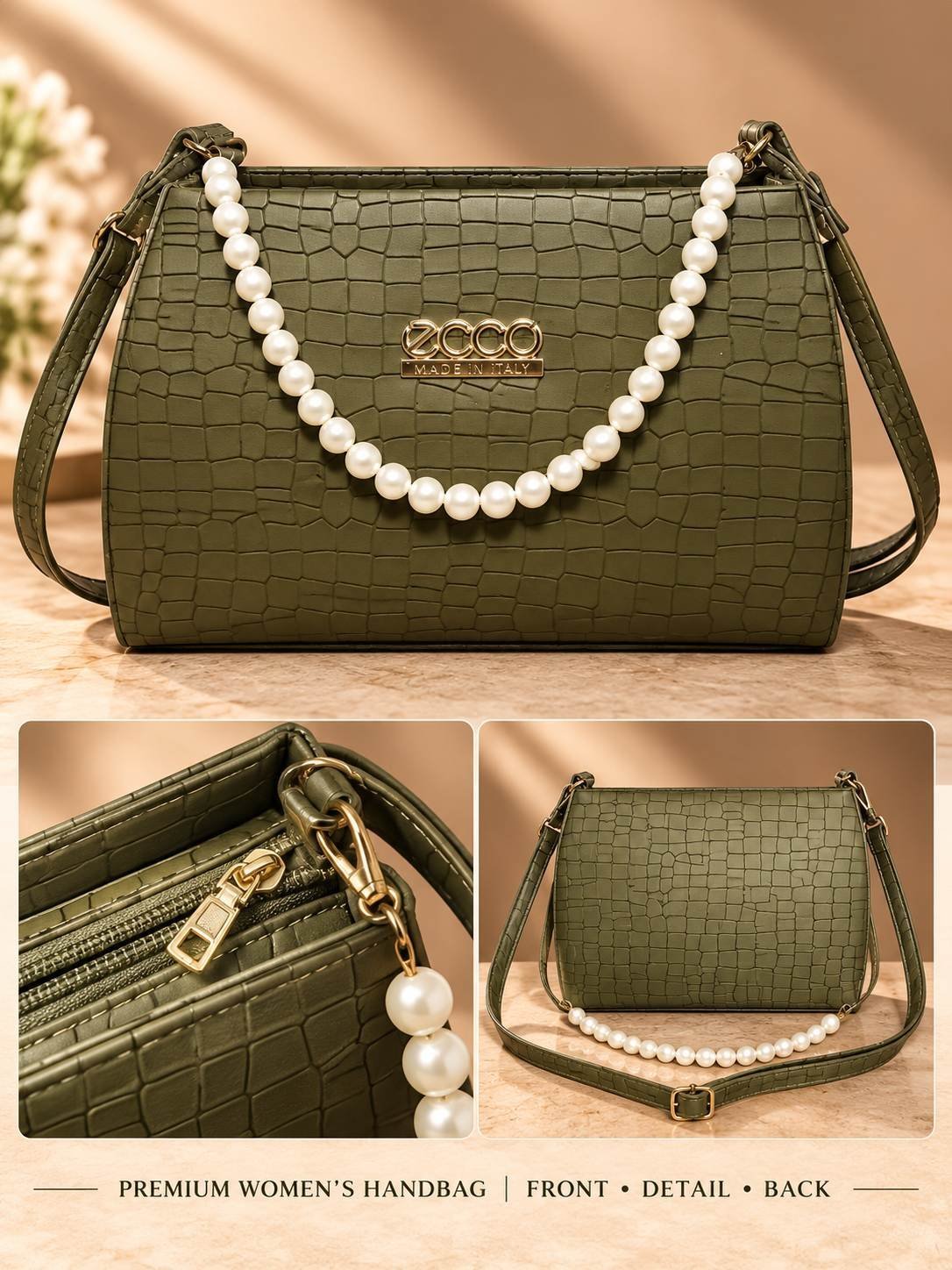 Women's olive green croc-embossed shoulder bag with pearl-bead top handle, metal front plate and long strap — image 3