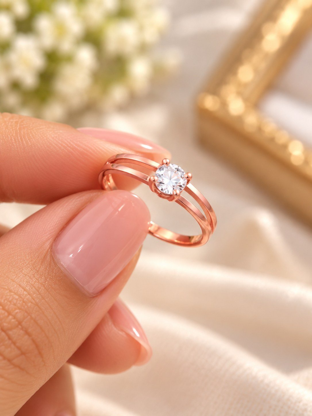 Rose gold-tone double band ring for women with a round clear crystal in a four-prong solitaire setting, worn on the finger