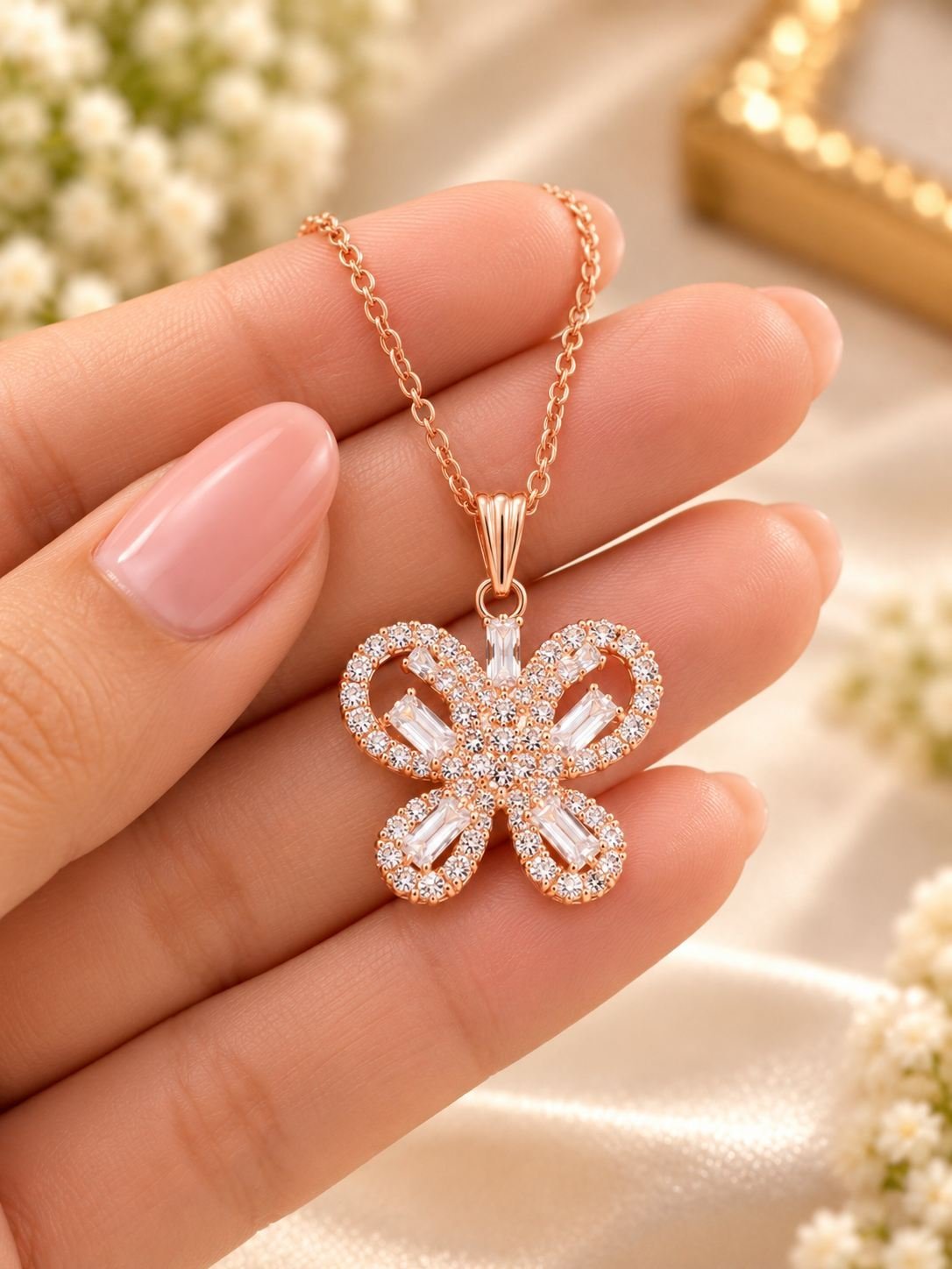 Rose gold-tone bracelet watch with white dial and stone-set bezel next to a butterfly pendant necklace, 2-piece combo for women — image 3