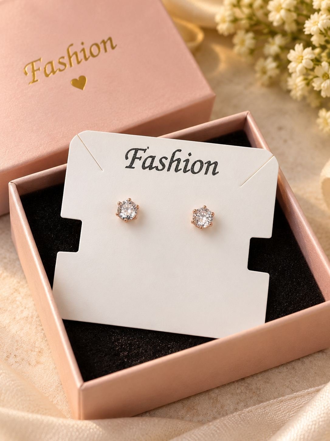 Pair of rose gold-tone round crystal stud earrings for women with six-prong settings, shown on a jewellery card