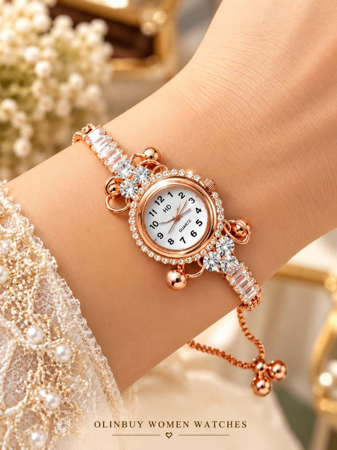 Rose gold-tone 5-piece set: bracelet watch with white dial, butterfly pendant necklace, round stud earrings, double band ring and bracelet — image 2