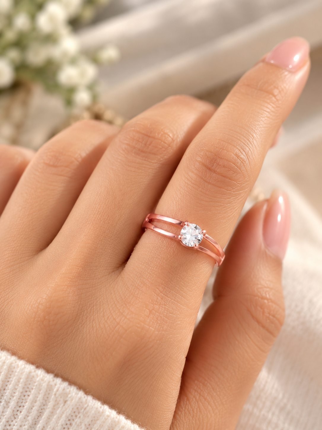Rose gold-tone double band ring for women with a round clear crystal in a four-prong solitaire setting, worn on the finger — image 2