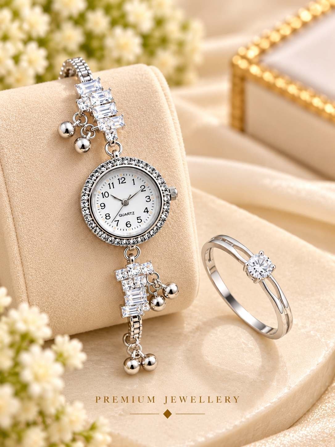 Silver-tone bracelet watch with white dial and stone-set bezel beside a double band ring with a round clear stone, combo for women