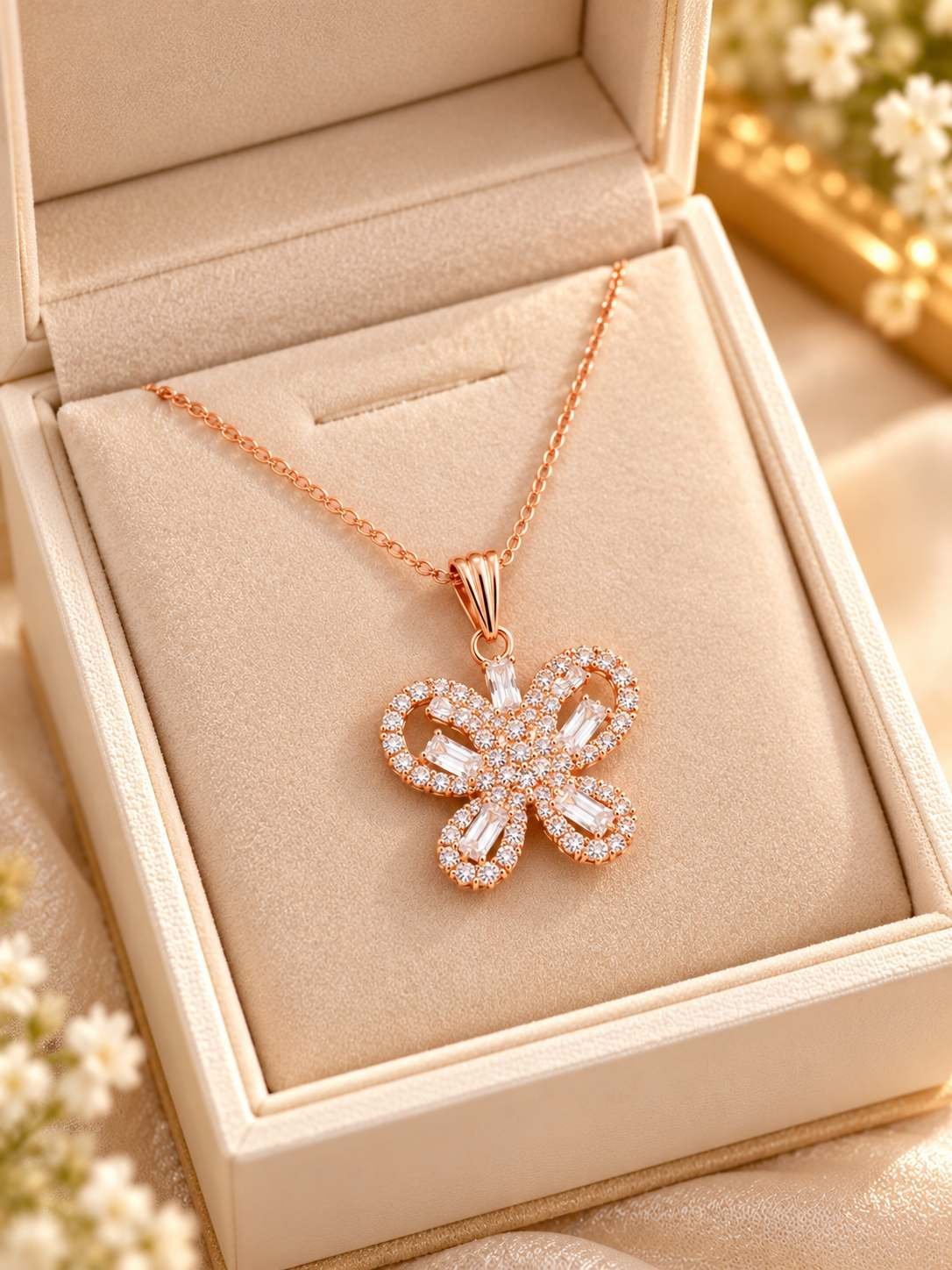 Rose gold-tone butterfly pendant necklace for women with clear stones and baguette crystals on a fine chain, worn on the neck — image 4