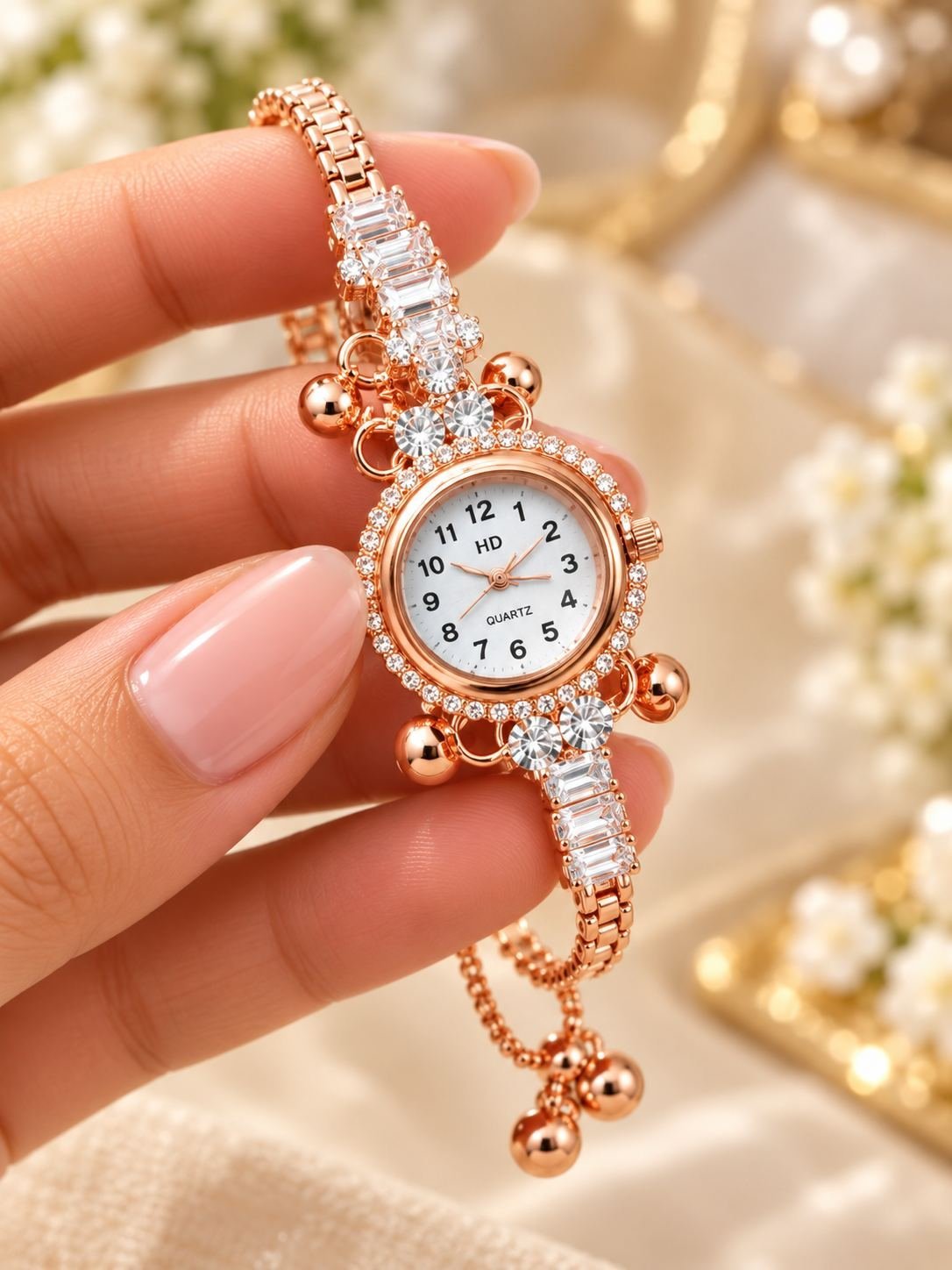 Rose gold-tone bracelet watch with white dial and stone-set bezel next to a butterfly pendant necklace, 2-piece combo for women — image 2