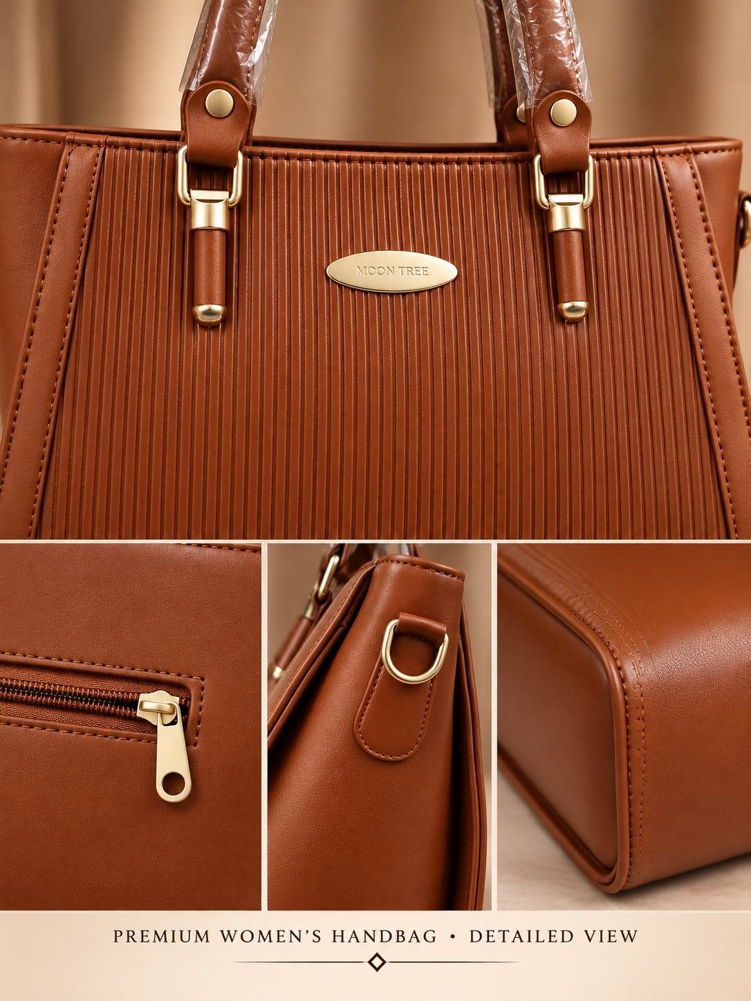 Women's brown ribbed handbag with two rounded top handles, gold-tone hardware and an oval front logo plate — image 2
