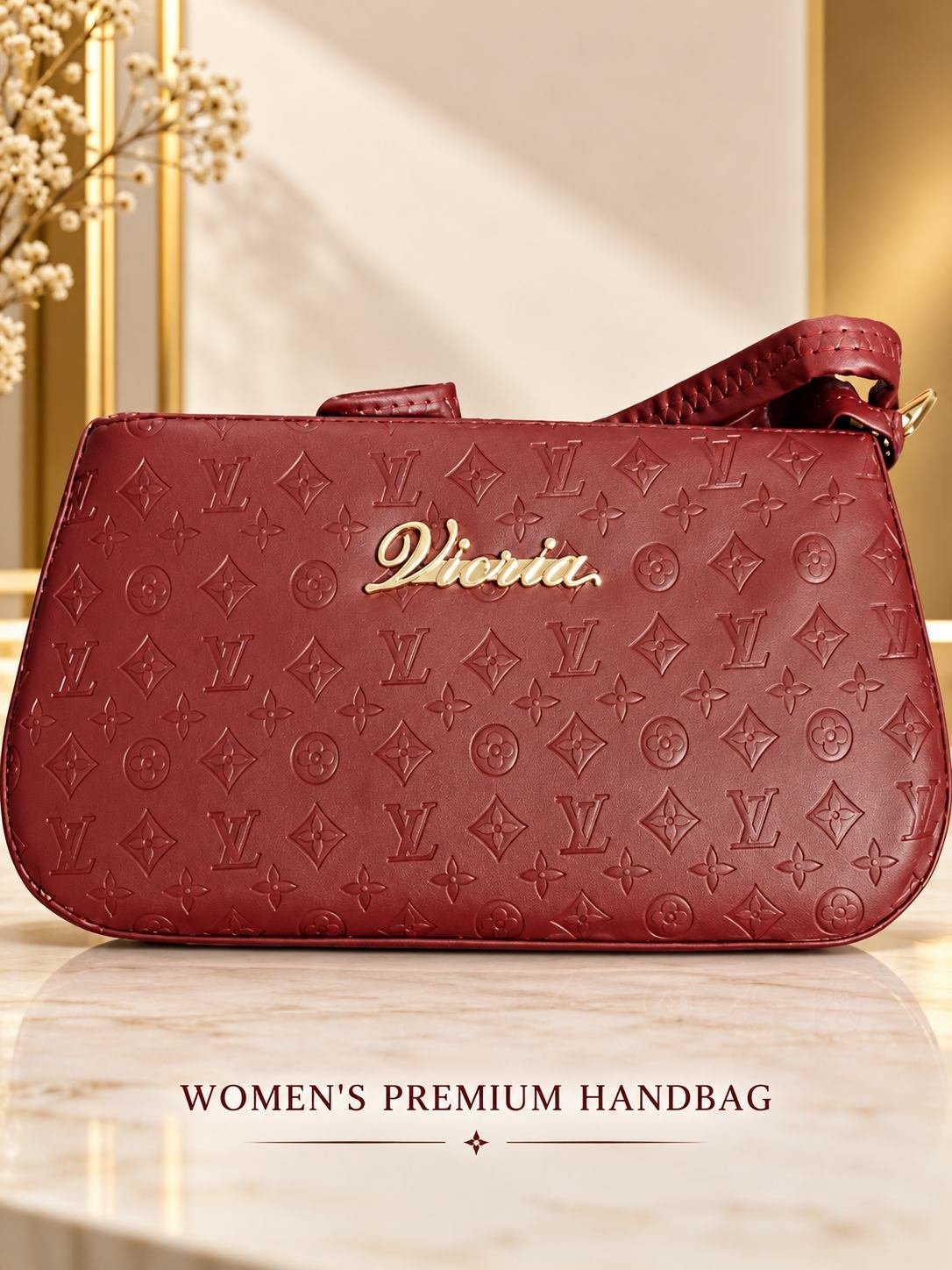 Women's maroon embossed shoulder bag with gold-tone script emblem, gold-tone top zip and adjustable buckle strap