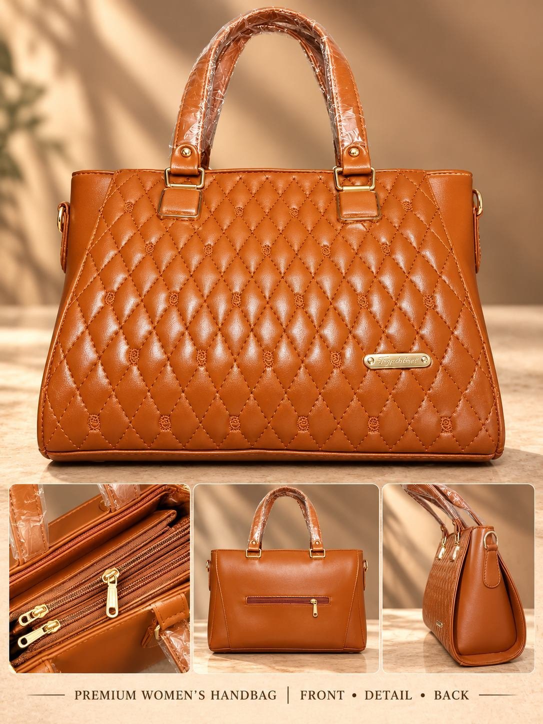 Women's tan brown diamond-quilted handbag with embroidered motifs, two top handles, gold-tone hardware and front plaque — image 3