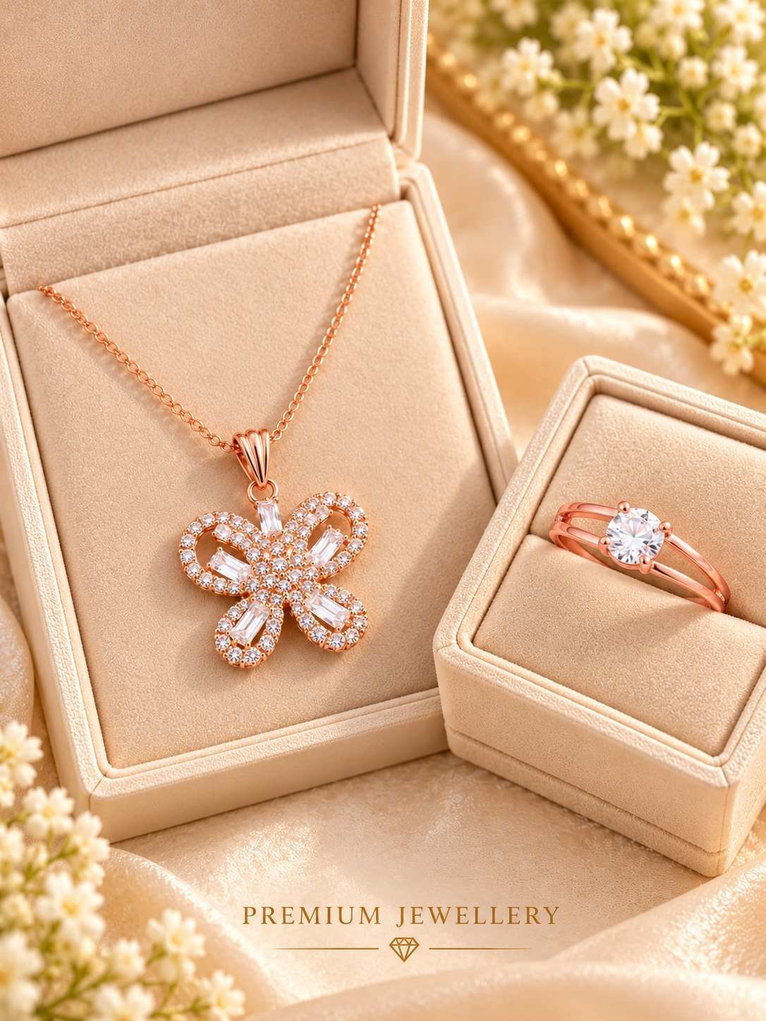 Rose gold-tone butterfly pendant necklace and double band solitaire-style ring with a round clear stone, 2-piece set for women