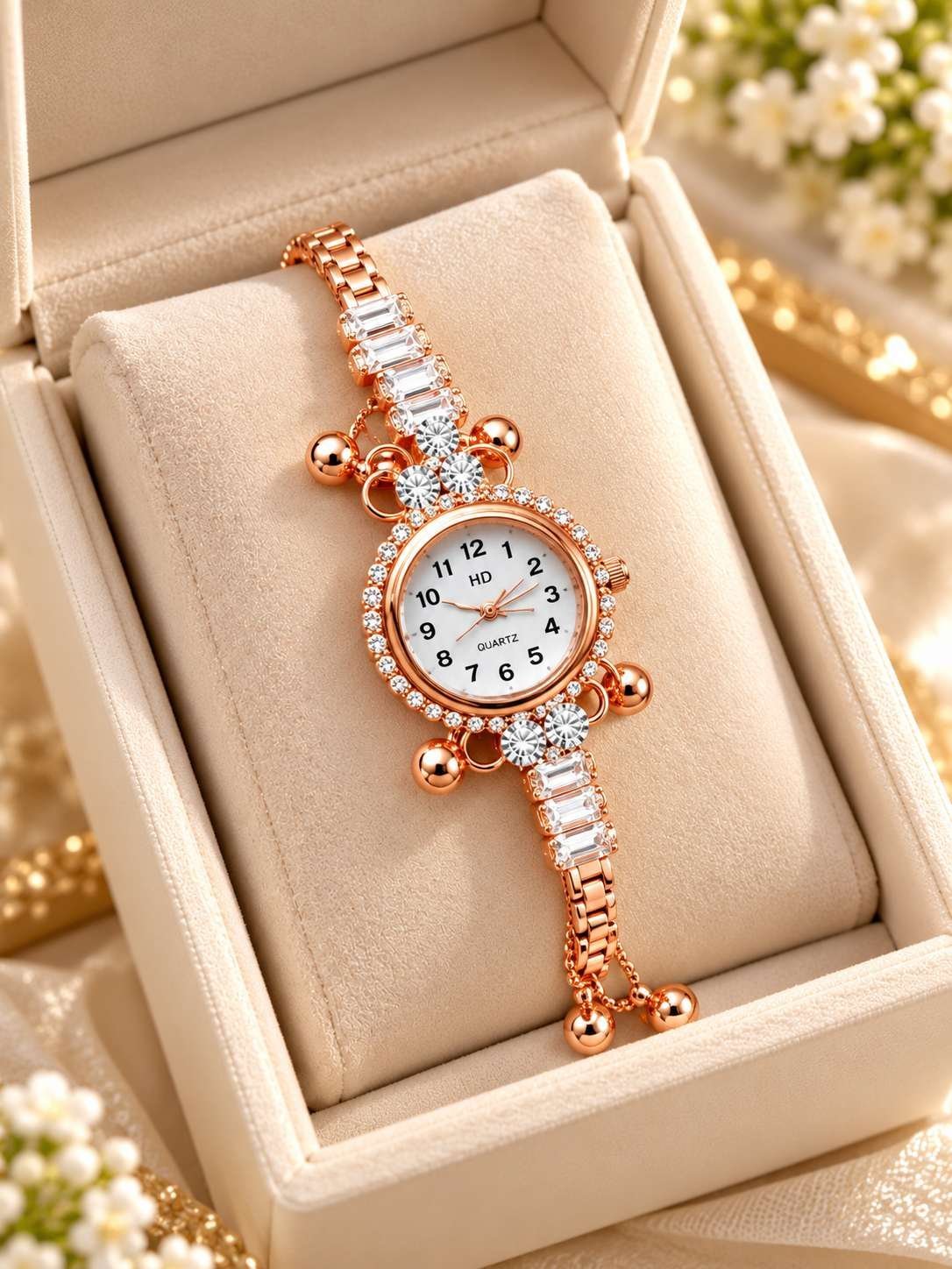 Rose gold-tone bracelet watch for women with white numbered dial, stone-set bezel, stone-set strap and dangling ball charms — image 3