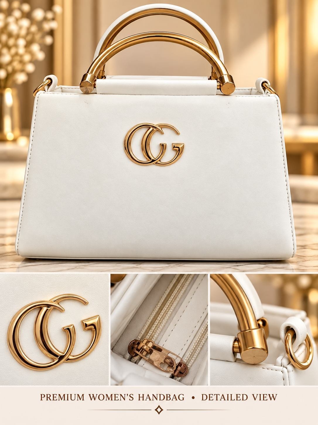 Women's white structured handbag with two rigid gold-tone metal arch handles, side rings and a gold-tone front emblem — image 2