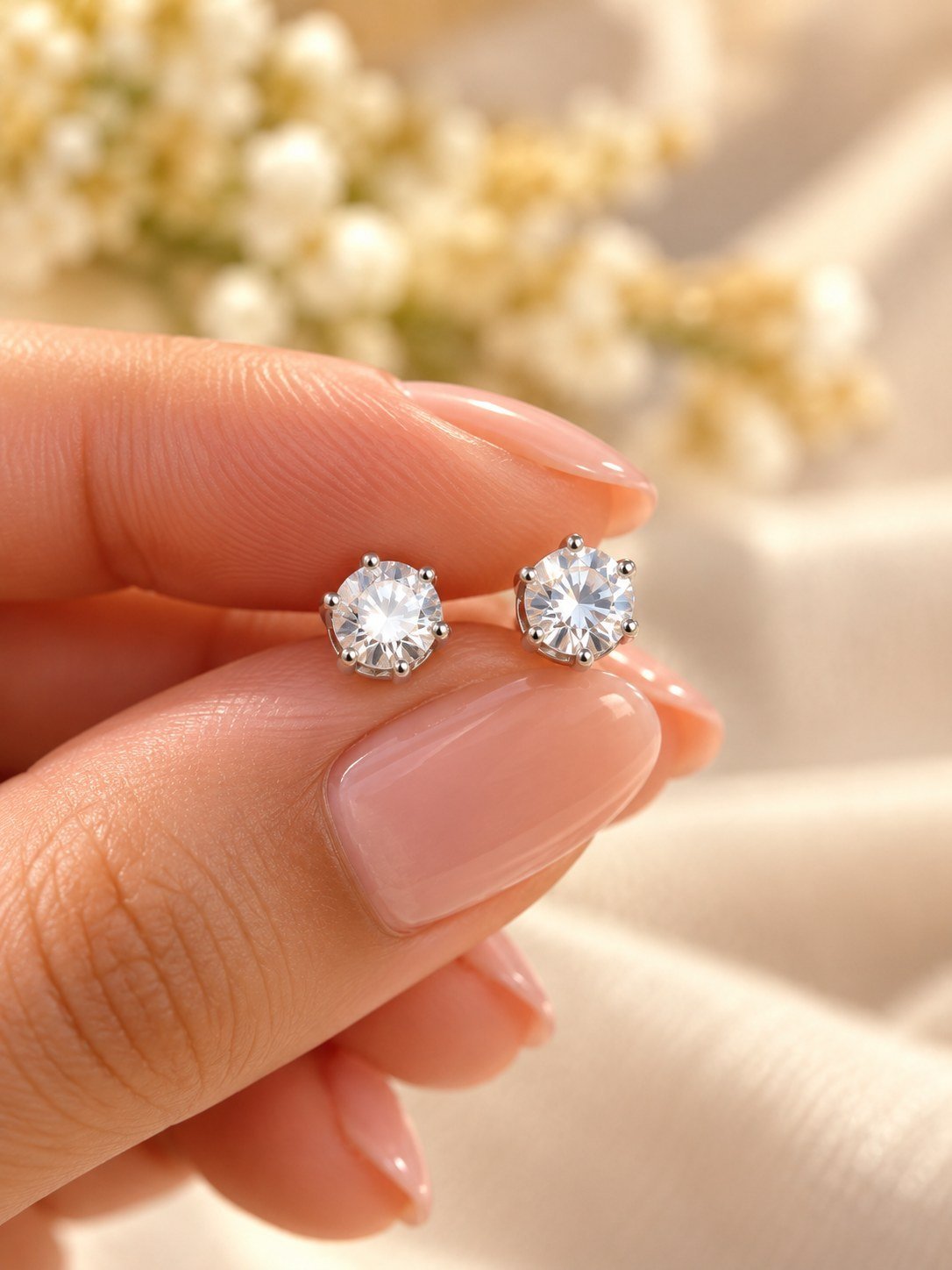 Pair of silver-tone round crystal stud earrings for women with six-prong settings, shown on a jewellery card — image 2