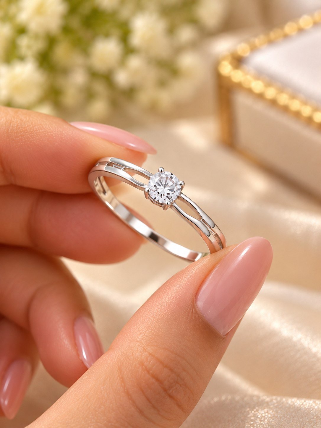 Silver-tone double band ring for women with a round clear crystal in a four-prong solitaire setting, worn on the finger — image 3