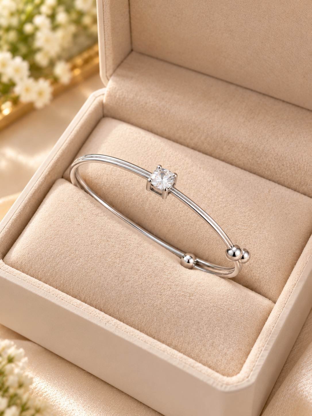 Silver-tone double line open cuff bracelet for women with a square clear crystal in a four-prong setting and ball ends — image 2