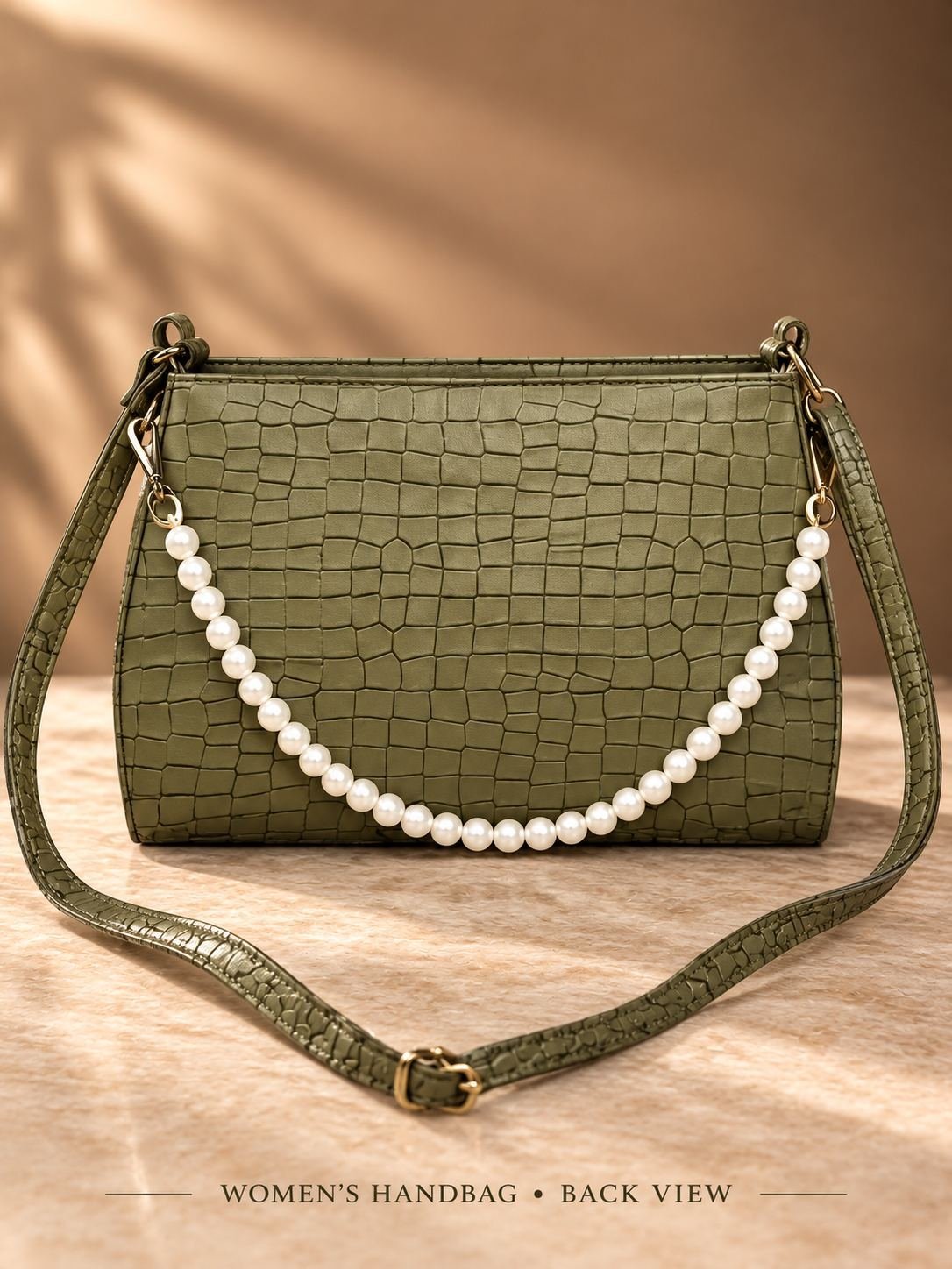 Women's olive green croc-embossed shoulder bag with pearl-bead top handle, metal front plate and long strap — image 2