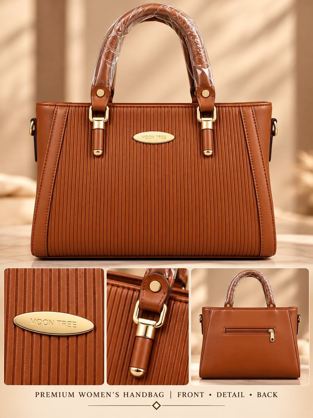 Women's brown ribbed handbag with two rounded top handles, gold-tone hardware and an oval front logo plate — image 4