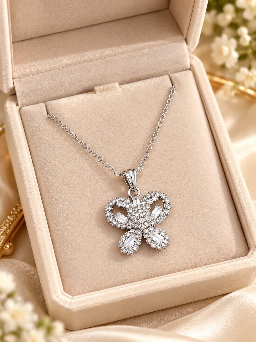 Silver-tone butterfly pendant necklace for women with clear stones and baguette crystals on a fine chain, worn on the neck