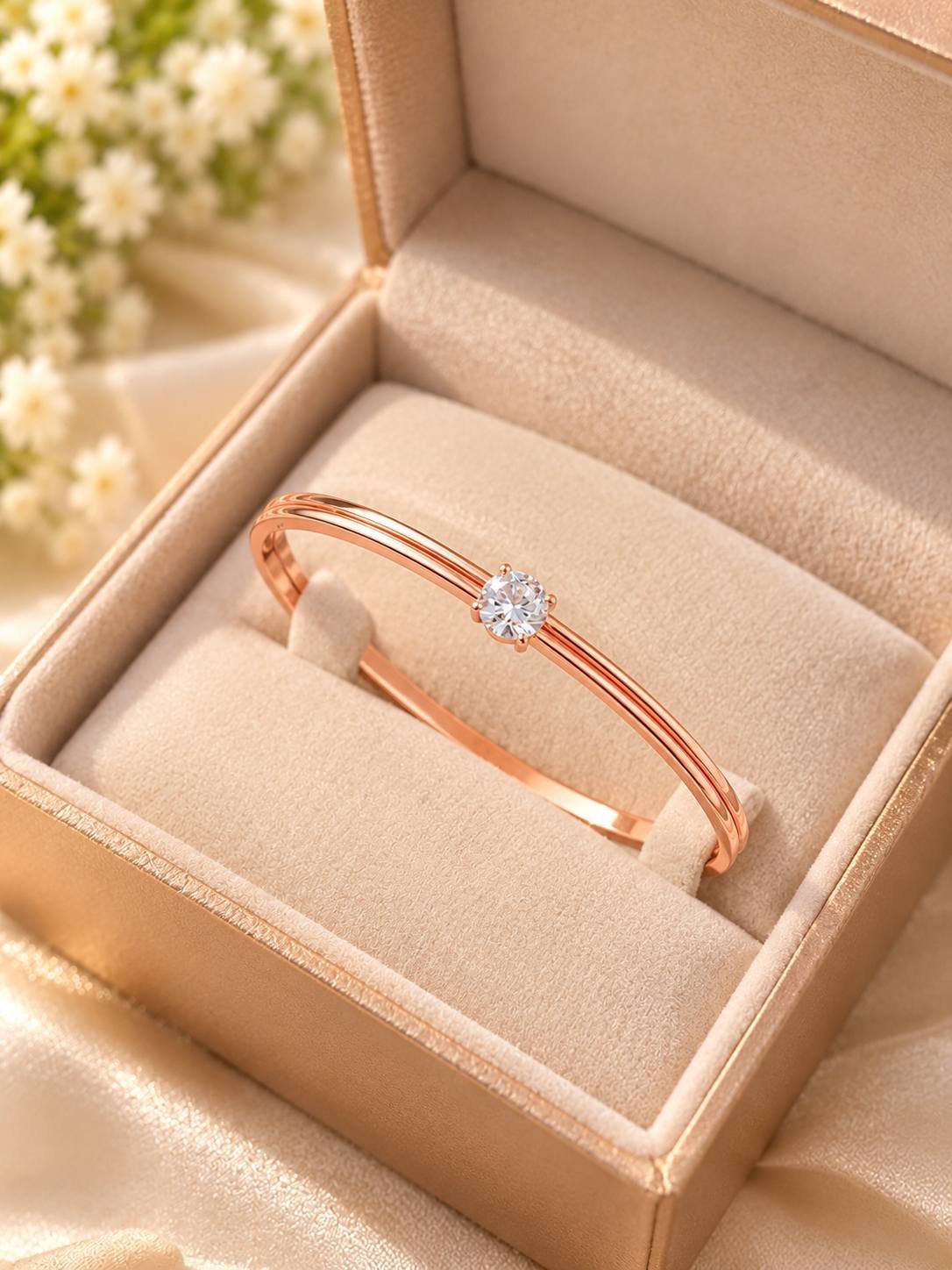Rose gold-tone double line bangle-style bracelet for women with one round clear crystal in a prong setting, worn on the wrist — image 3