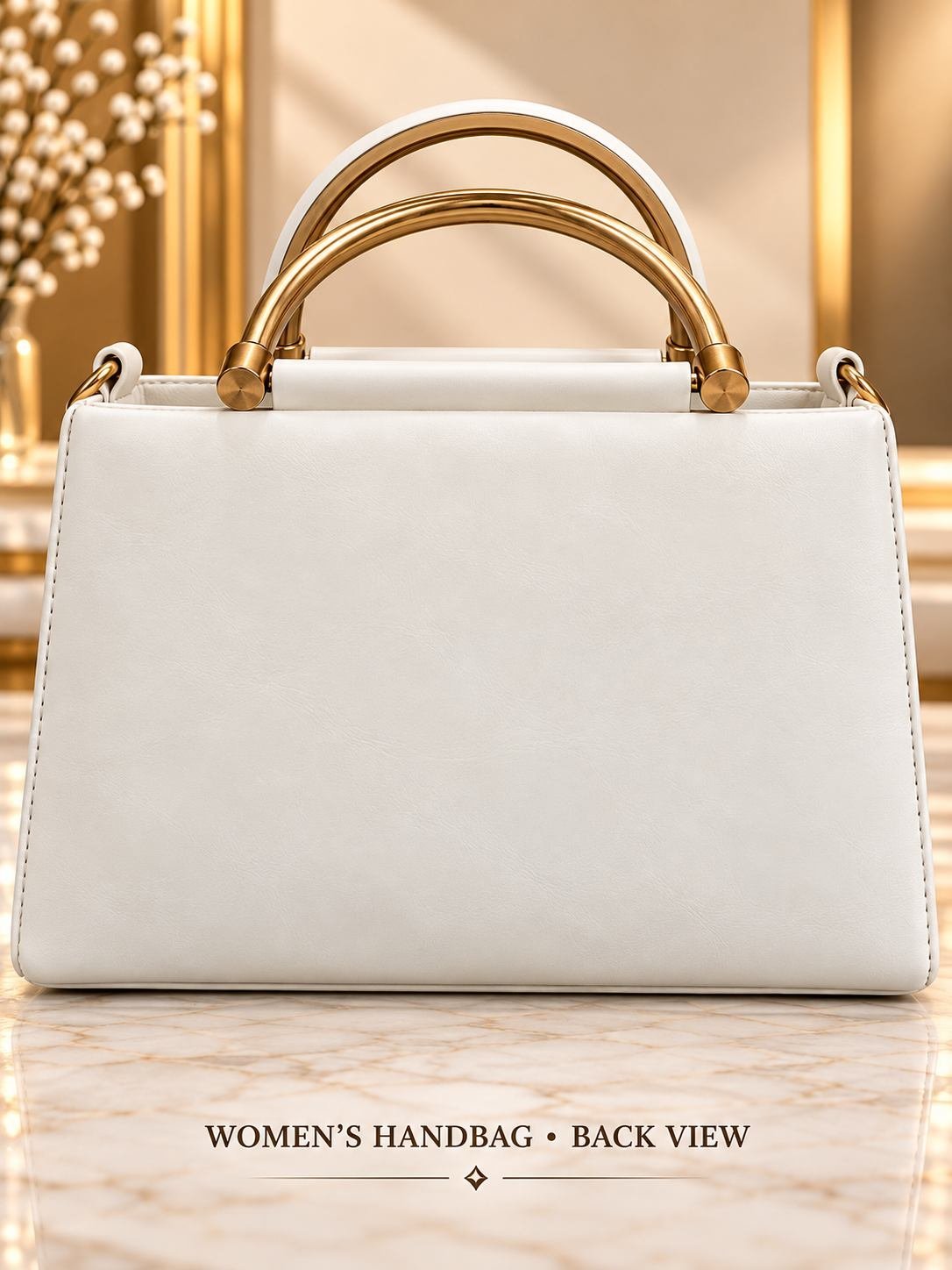 Women's white structured handbag with two rigid gold-tone metal arch handles, side rings and a gold-tone front emblem — image 3