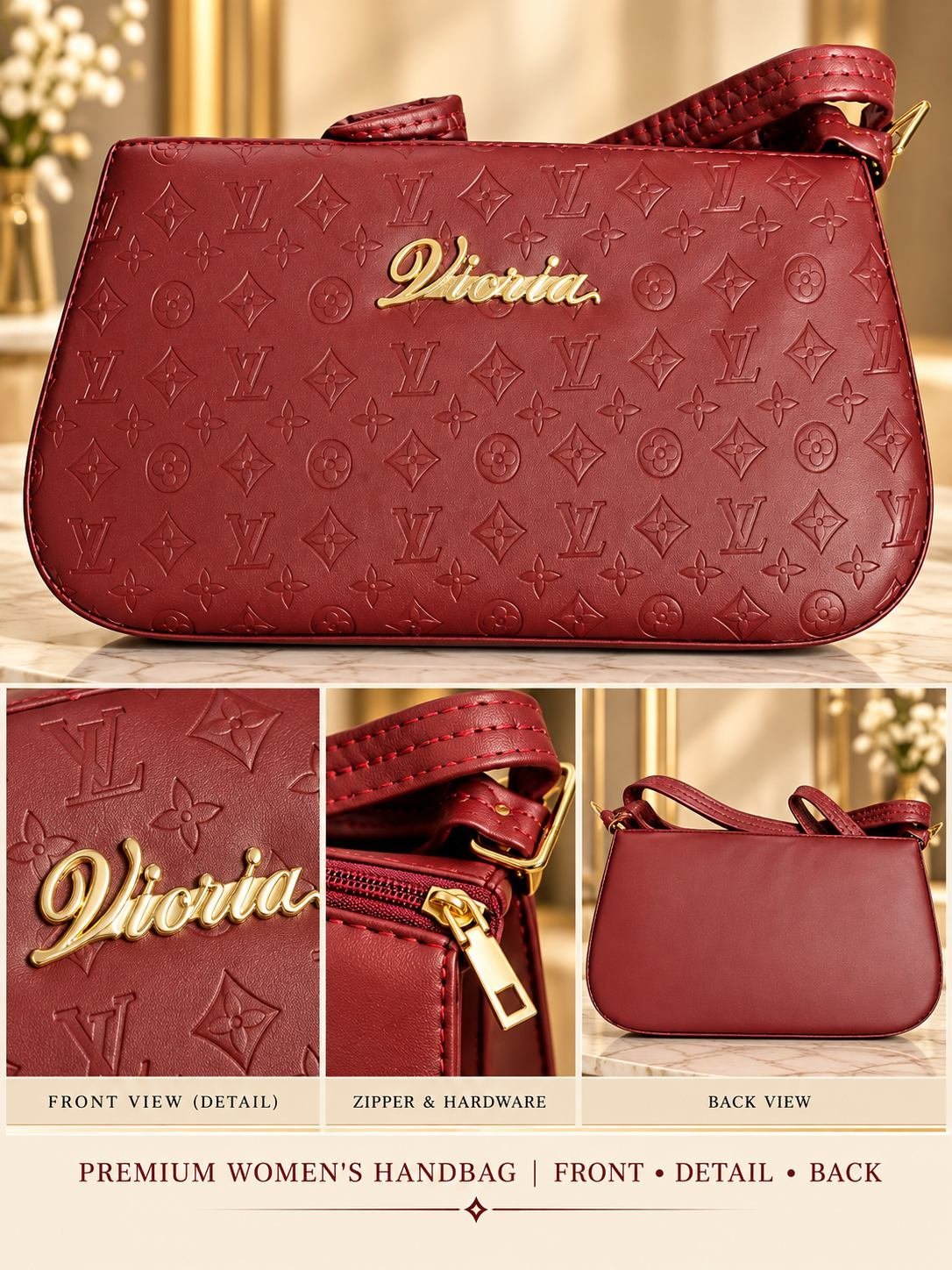 Women's maroon embossed shoulder bag with gold-tone script emblem, gold-tone top zip and adjustable buckle strap — image 3
