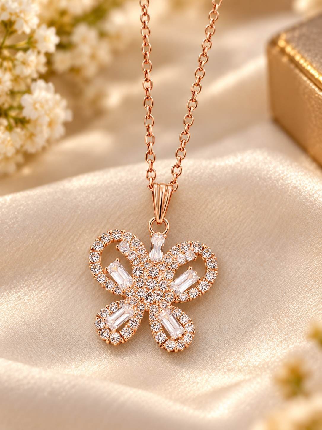 Rose gold-tone butterfly pendant necklace for women with clear stones and baguette crystals on a fine chain, worn on the neck — image 2