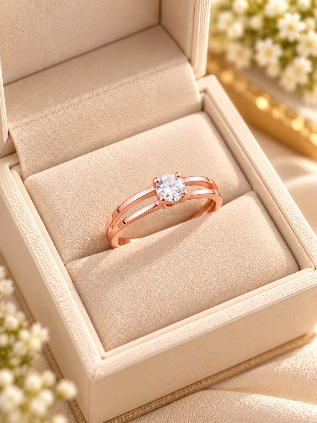 Rose gold-tone double band ring for women with a round clear crystal in a four-prong solitaire setting, worn on the finger — image 3