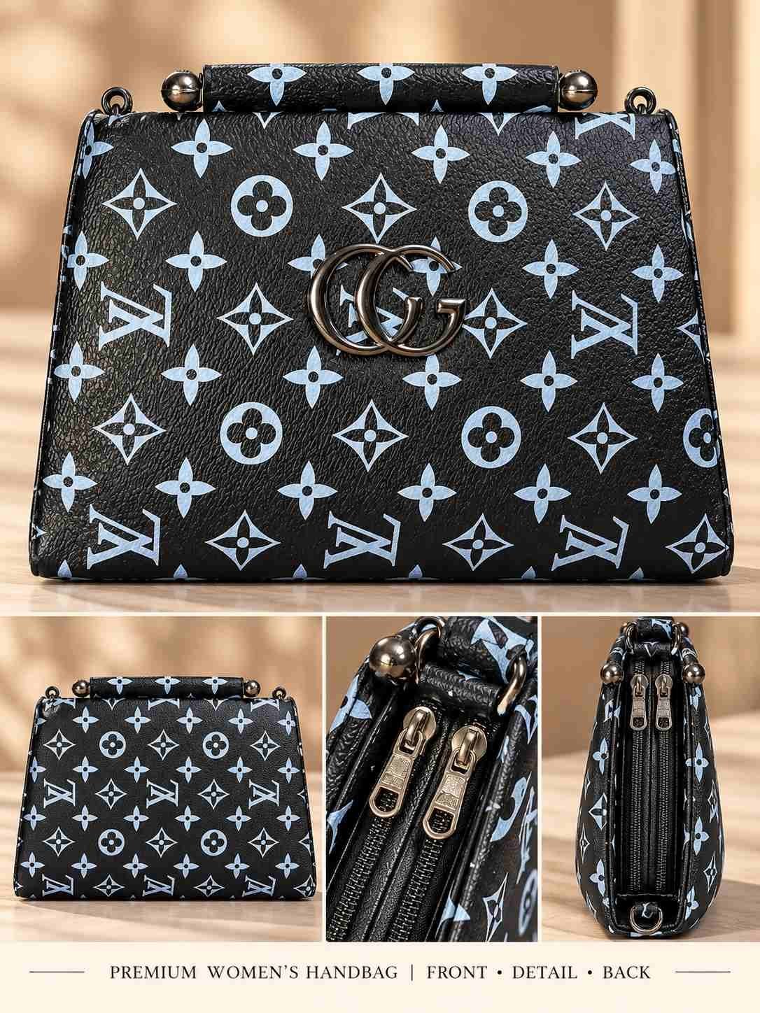 Women's black structured handbag with all-over light blue print, top bar handle with metal ball ends and metal front emblem — image 3