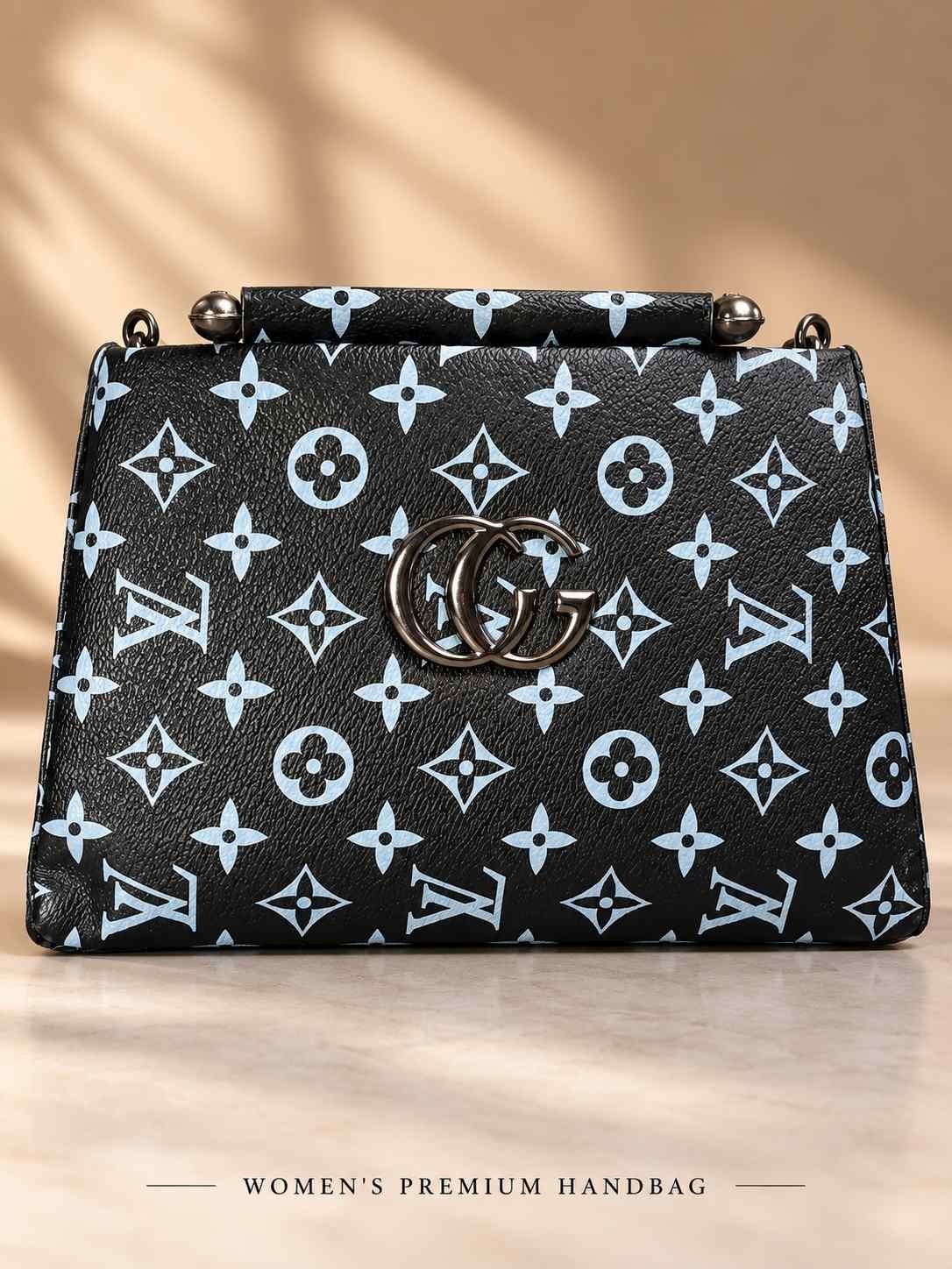 Women's black structured handbag with all-over light blue print, top bar handle with metal ball ends and metal front emblem