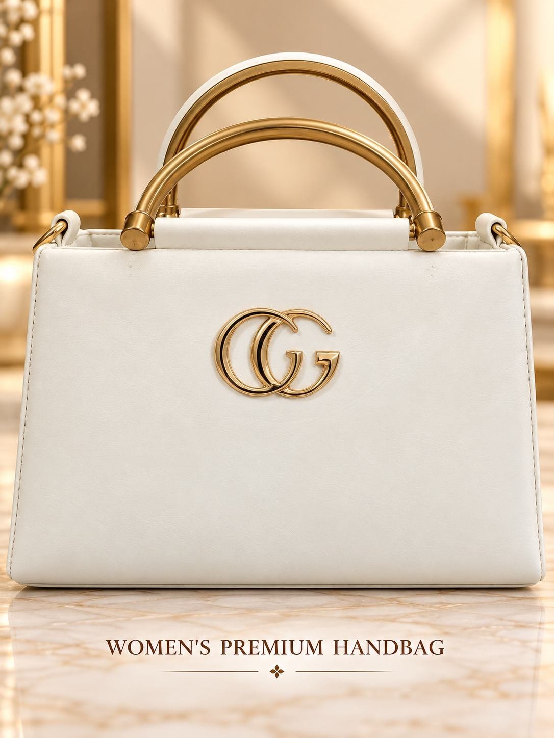 Women's white structured handbag with two rigid gold-tone metal arch handles, side rings and a gold-tone front emblem