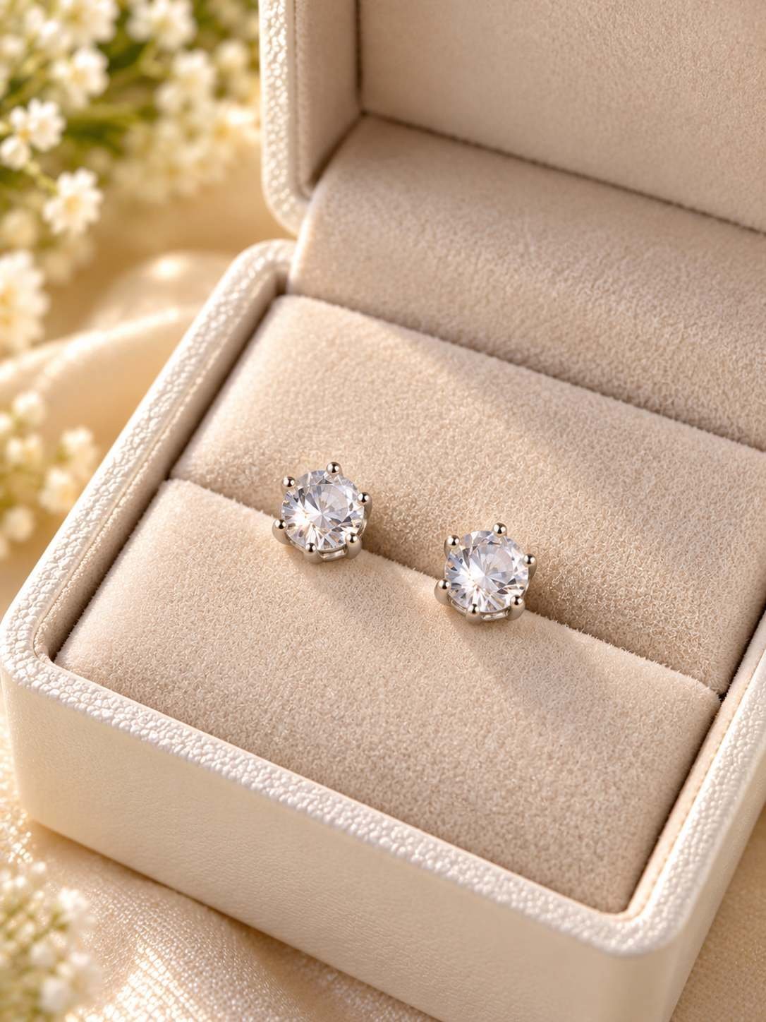Pair of silver-tone round crystal stud earrings for women with six-prong settings, shown on a jewellery card