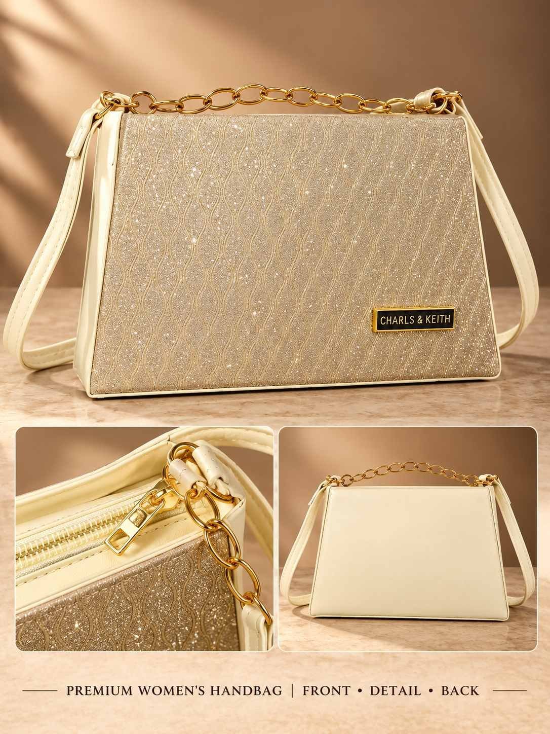 Women's champagne gold glitter party handbag with gold-tone chain handle, cream shoulder strap and trapezoid shape — image 3