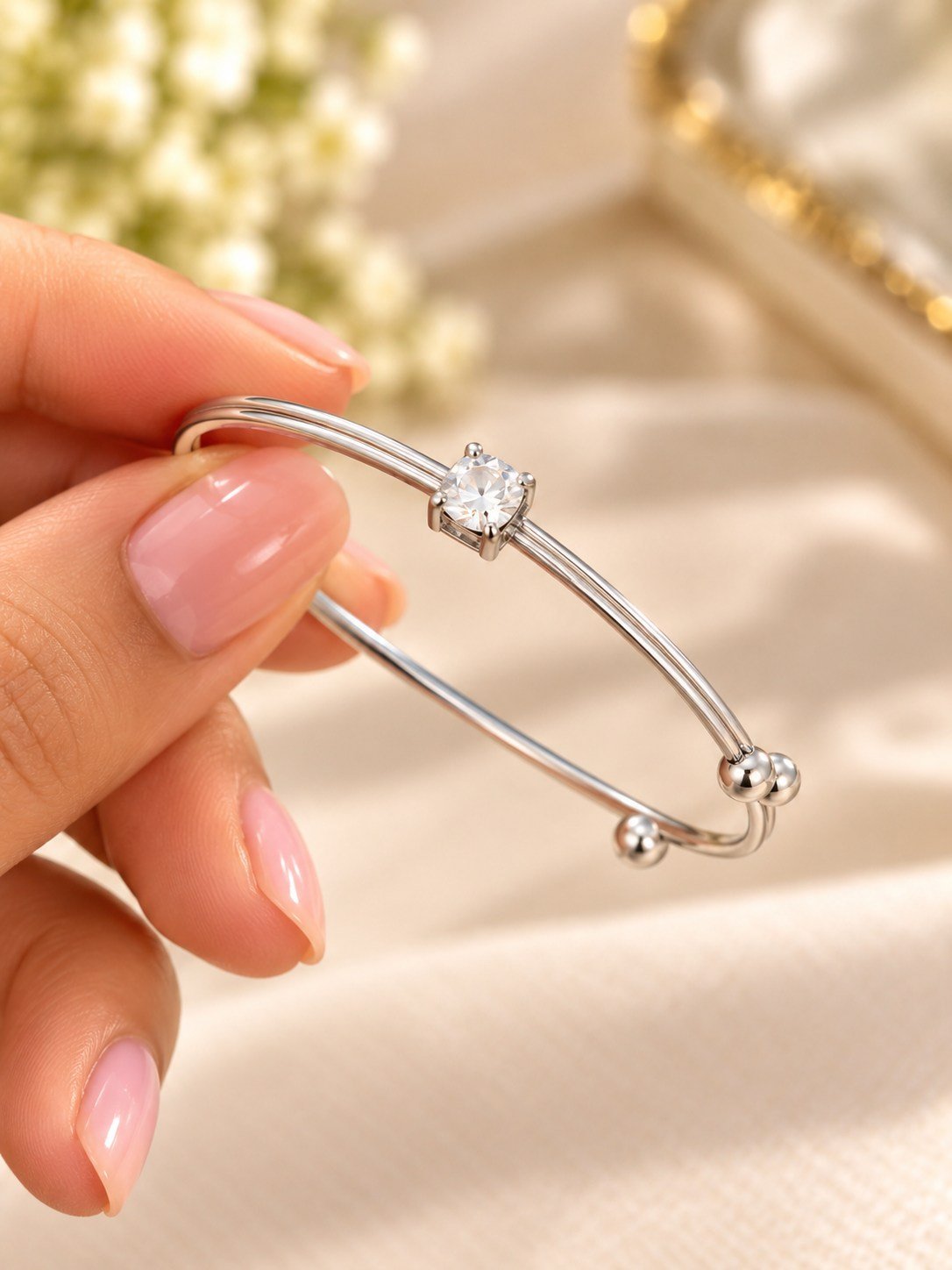 Silver-tone double line open cuff bracelet for women with a square clear crystal in a four-prong setting and ball ends — image 3