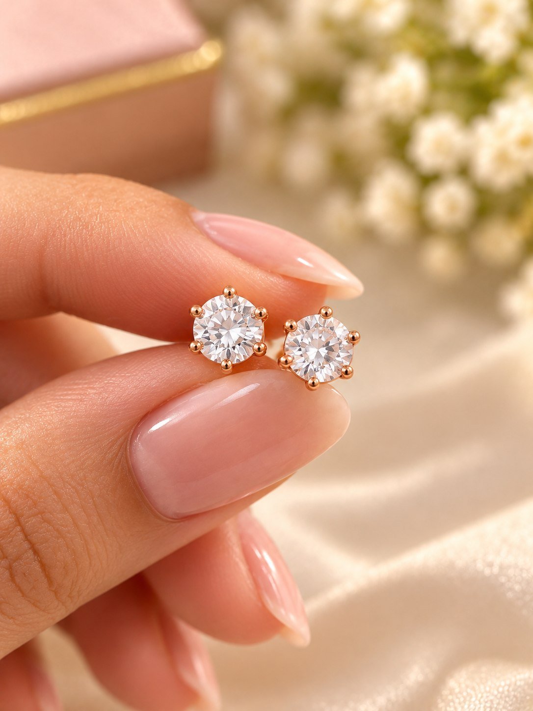 Pair of rose gold-tone round crystal stud earrings for women with six-prong settings, shown on a jewellery card — image 2