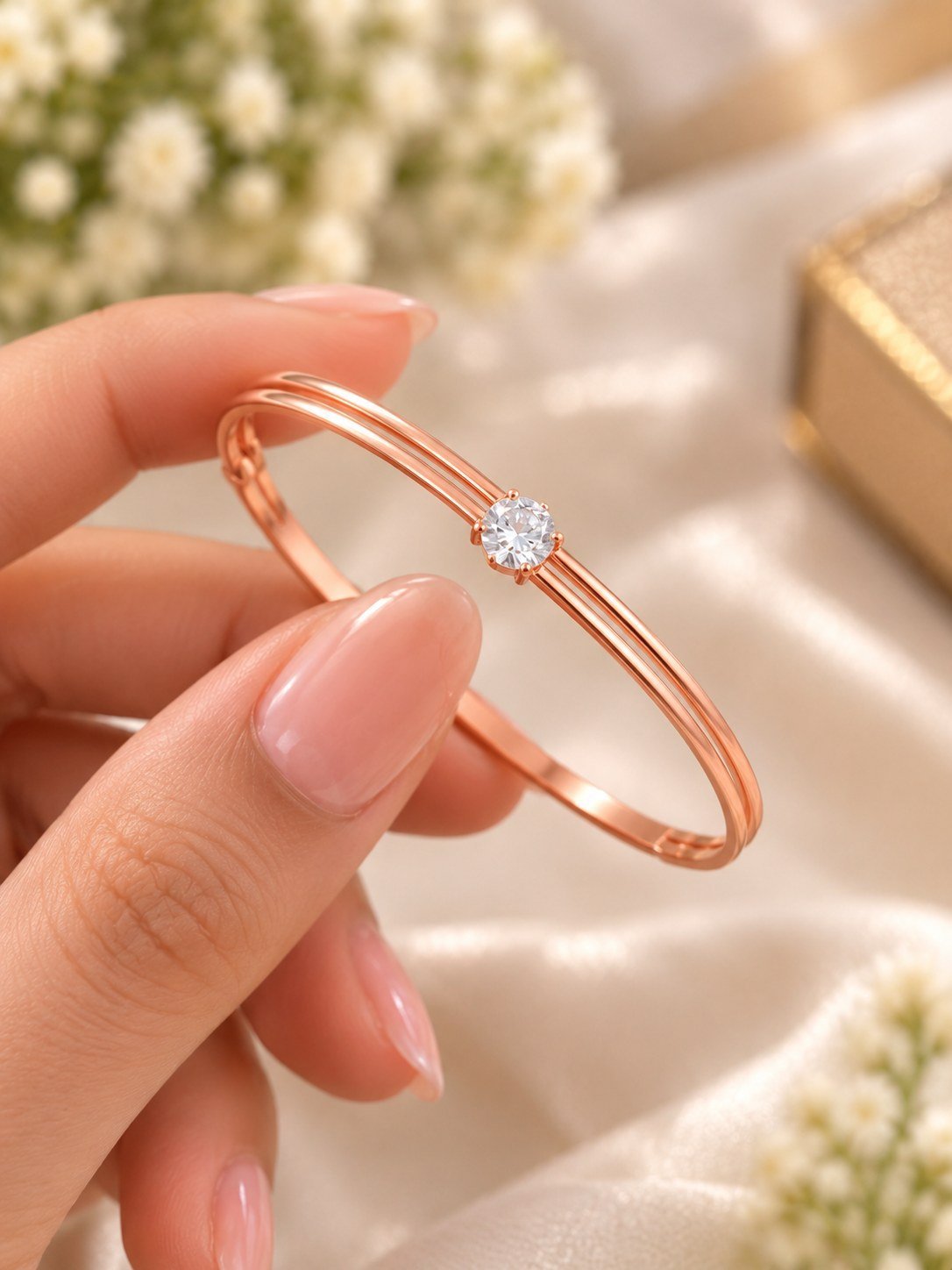 Rose gold-tone double line bangle-style bracelet for women with one round clear crystal in a prong setting, worn on the wrist
