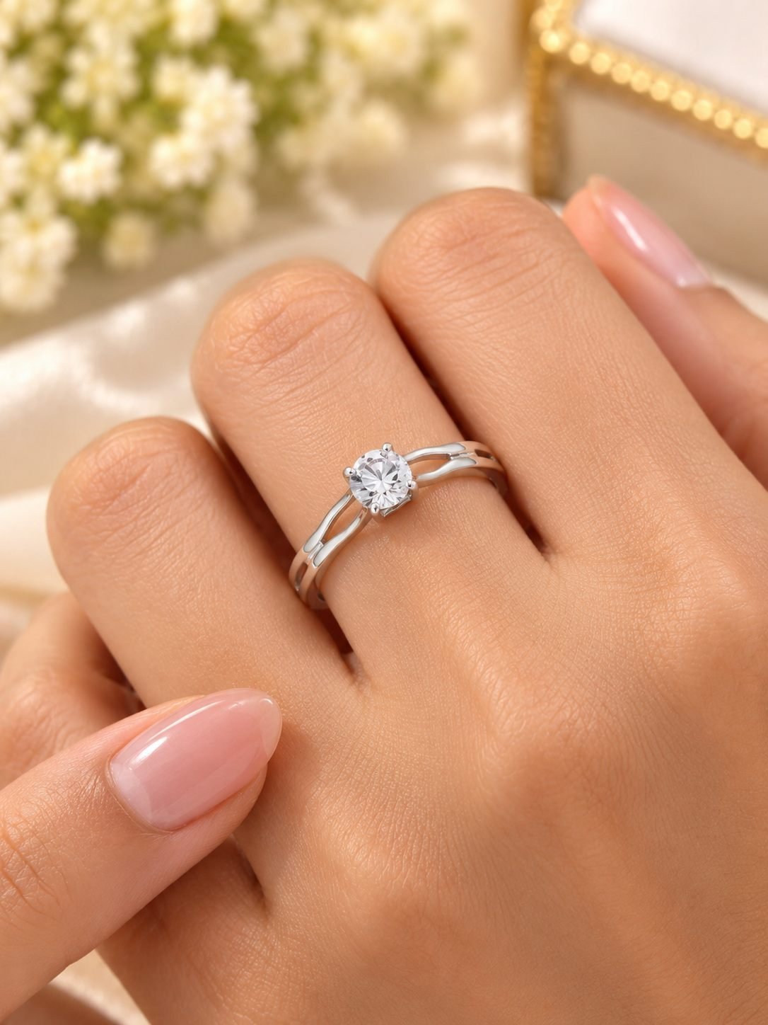 Silver-tone double band ring for women with a round clear crystal in a four-prong solitaire setting, worn on the finger — image 2
